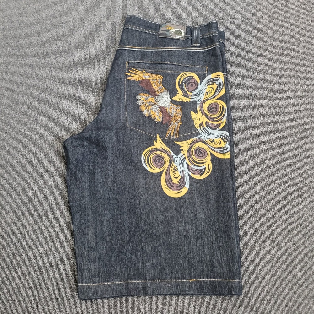 Red Ape 40 Baggy Denim Shorts Mens Dark Wash Eagle Embroidered Streetwear Y2K